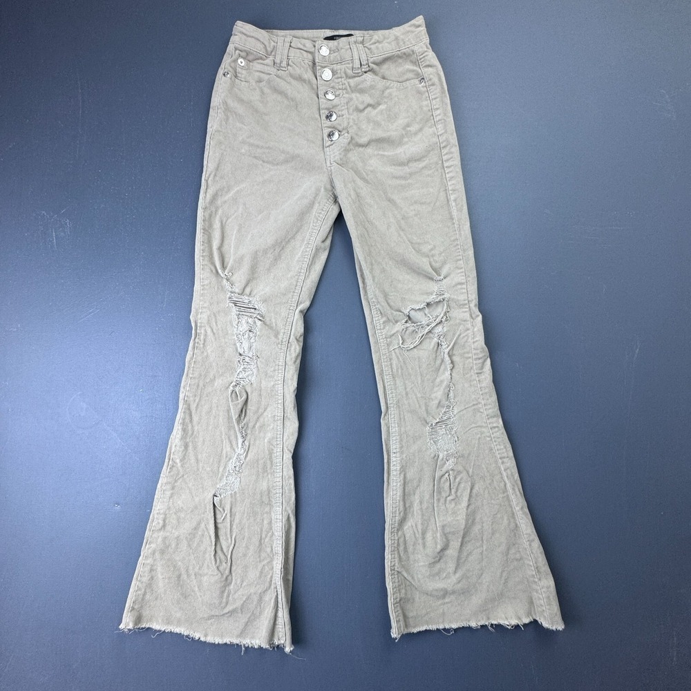 Forever 21 Pants Women's Small Beige Corduroy Flare Distressed Button Fly Y2K